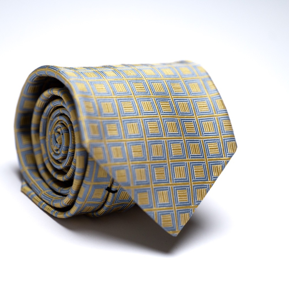 Brooks Brothers Pure Silk Gold and Blue Geometric Woven Necktie, EUC